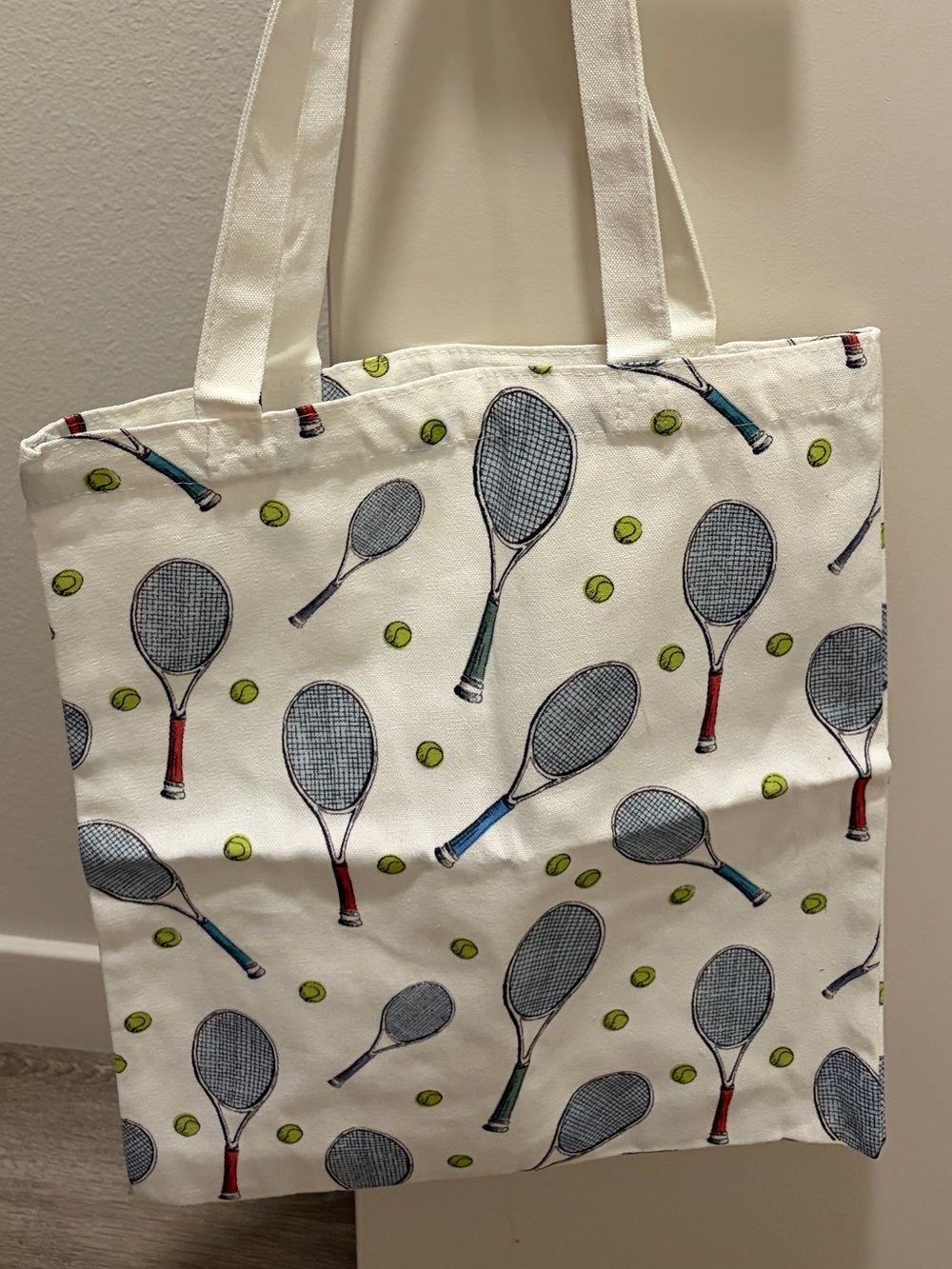 NWOT Tennis Racquet & Ball Print Canvas Tote Bag in White